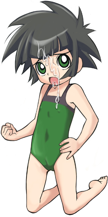 e10, matsubara kaoru, powered buttercup, powerpuff girls, powerpuff girls z, 00s, 1girl, barefoot, bukkake, cameltoe, covered erect nipples, covered navel, cum, female focus, flat chest, full body, green eyes, loli, one-piece swimsuit, open mouth, short hair, simple background, solo, swimsuit, white background
