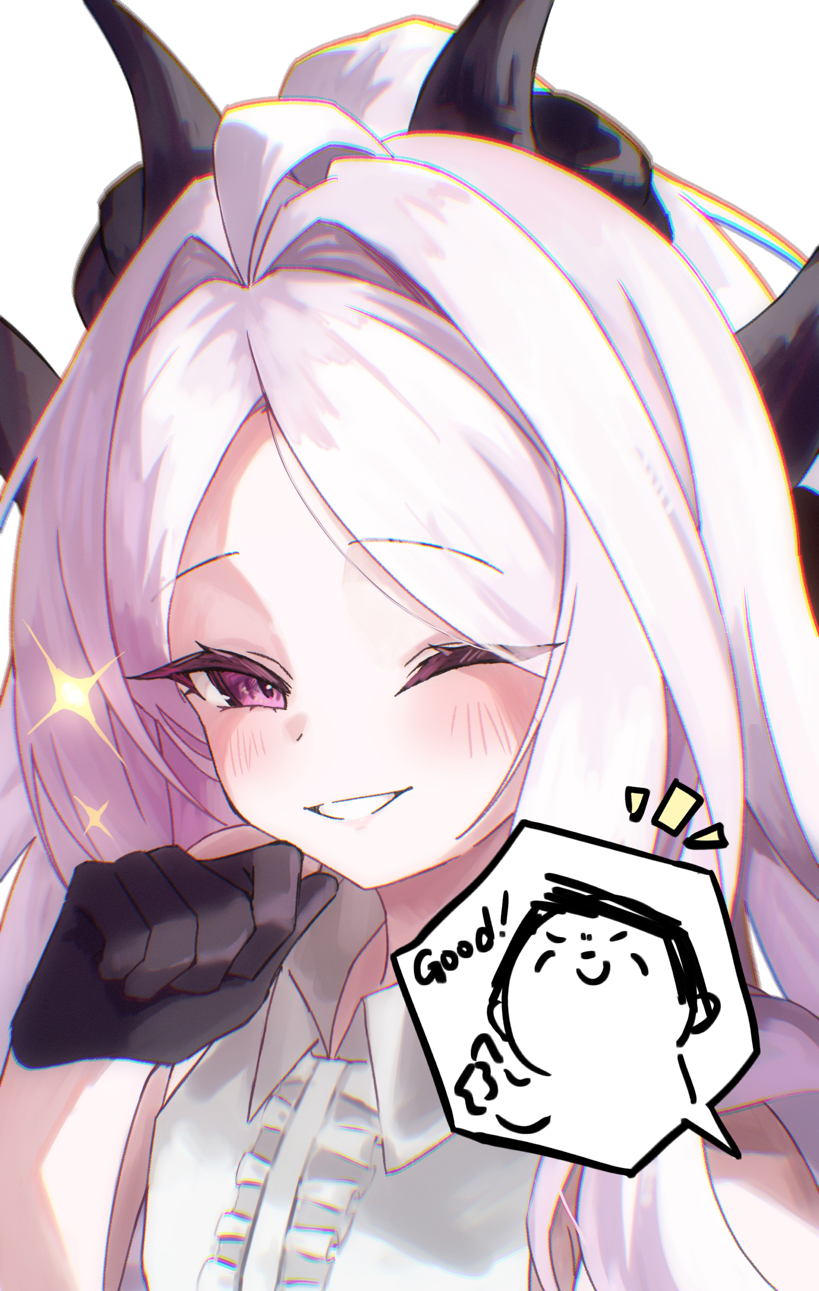 takamalu08 12, doodle sensei (blue archive), sensei (blue archive), blue archive, absurdres, commentary request, highres, 1girl, ahoge, black gloves, breasts, demon girl, demon horns, gloves, horns, long hair, looking at viewer, small breasts, smile, upper body, white hair