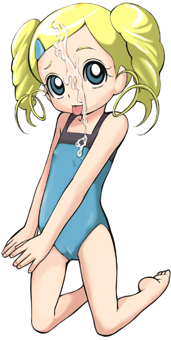 e10, goutokuji miyako, rolling bubbles, powerpuff girls, powerpuff girls z, 00s, 1girl, :p, barefoot, blonde hair, blue eyes, bukkake, cameltoe, covered erect nipples, cum, female focus, full body, loli, one-piece swimsuit, simple background, solo, swimsuit, tongue, tongue out, white background