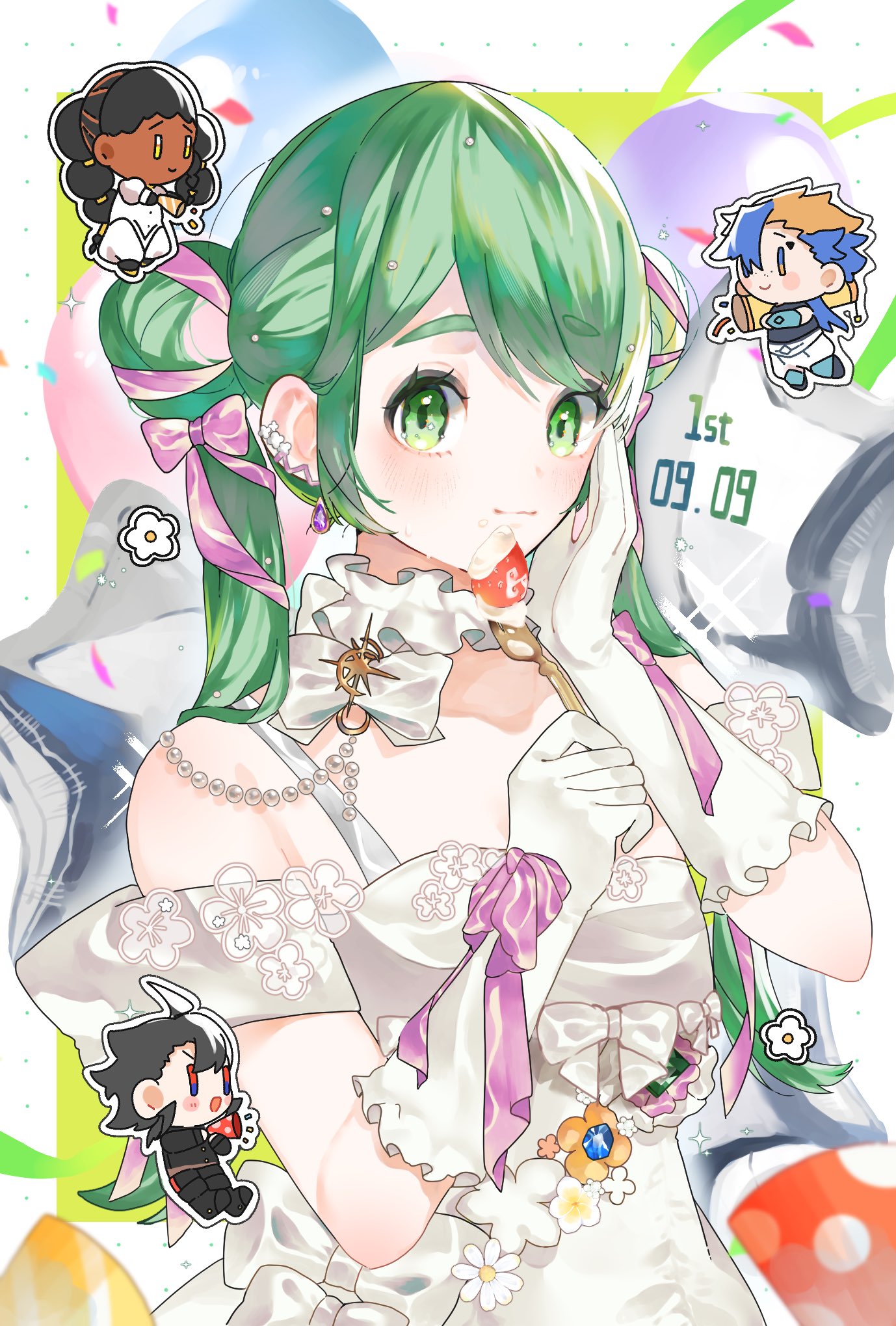 desscaras, gokuraku (madan no ichi), ichi (madan no ichi), kumugi (madan no ichi), madan no ichi, highres, 2boys, 2girls, balloon, bare shoulders, bow, chibi, closed mouth, double bun, dress, earrings, flahmm8hrd6447, food, fruit, gloves, green hair, hair bow, hair bun, hair ribbon, hand on own cheek, hand on own face, holding, holding spoon, jewelry, long hair, multiple boys, multiple girls, purple ribbon, ribbon, solo focus, spoon, strawberry, twintails, upper body, very long hair, white dress, white gloves