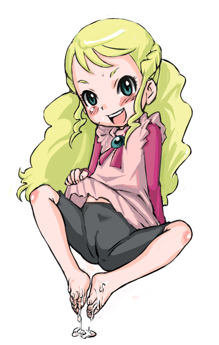 e10, mary towa (mega man), copyright request, source request, 1girl, barefoot, bike shorts, blonde hair, blush, cameltoe, cum, cum on body, cum on feet, cum on lower body, feet, female focus, green eyes, loli, long hair, solo