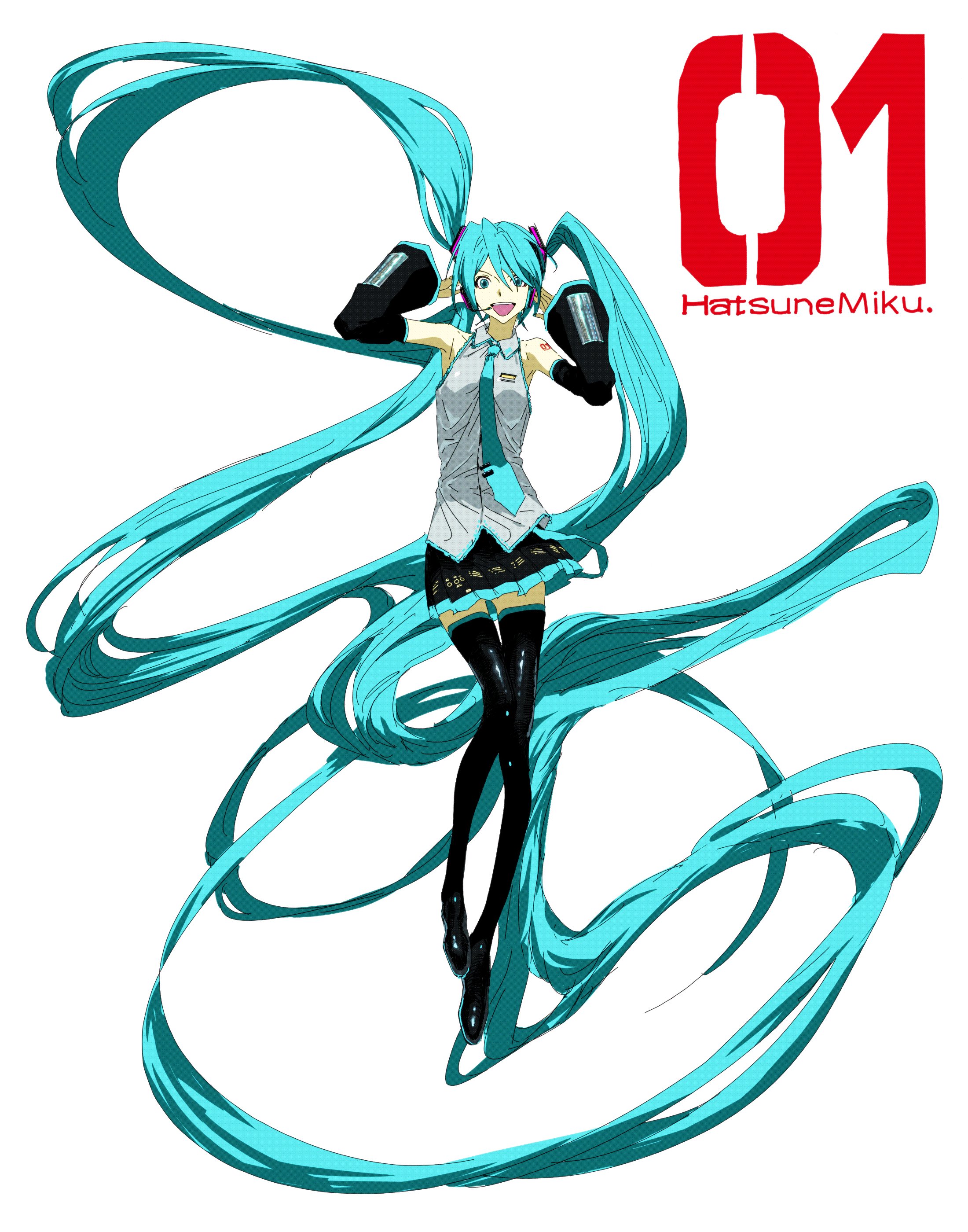 hatsune miku, vocaloid, absurdres, highres, 1girl, absurdly long hair, aqua eyes, aqua hair, detached sleeves, full body, headphones, headset, long hair, mdch48, necktie, skirt, solo, thighhighs, twintails, very long hair, zettai ryouiki