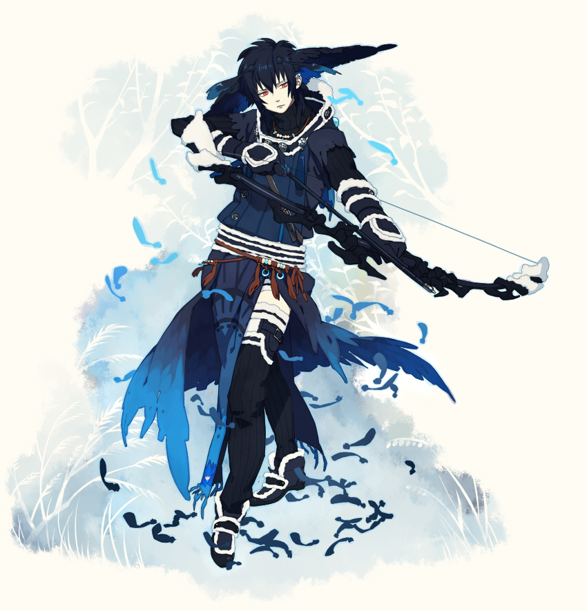 honya lala, pixiv fantasia, pixiv fantasia 1, 1boy, arrow (projectile), black hair, bow (weapon), drawing bow, feathers, full body, gloves, holding, holding bow (weapon), holding weapon, jacket, male focus, red eyes, solo, standing, weapon