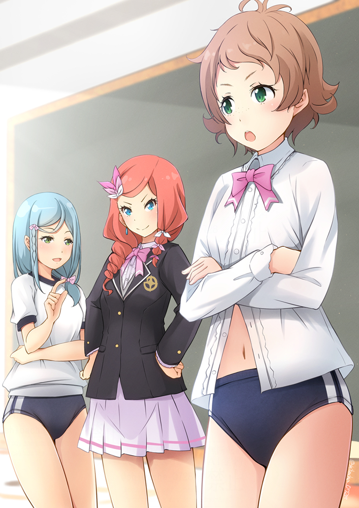 shibacha, anna fugo, hakamada suishou, rosa (granbelm), granbelm, commission, skeb commission, 3girls, ahoge, blue buruma, blue eyes, blue hair, bow, bowtie, brown eyes, buruma, chalkboard, collared shirt, crossed arms, dress shirt, drill hair, green eyes, gym shirt, gym uniform, long hair, multiple girls, orange eyes, pink bow, pink bowtie, shirt, short hair, t-shirt, white shirt