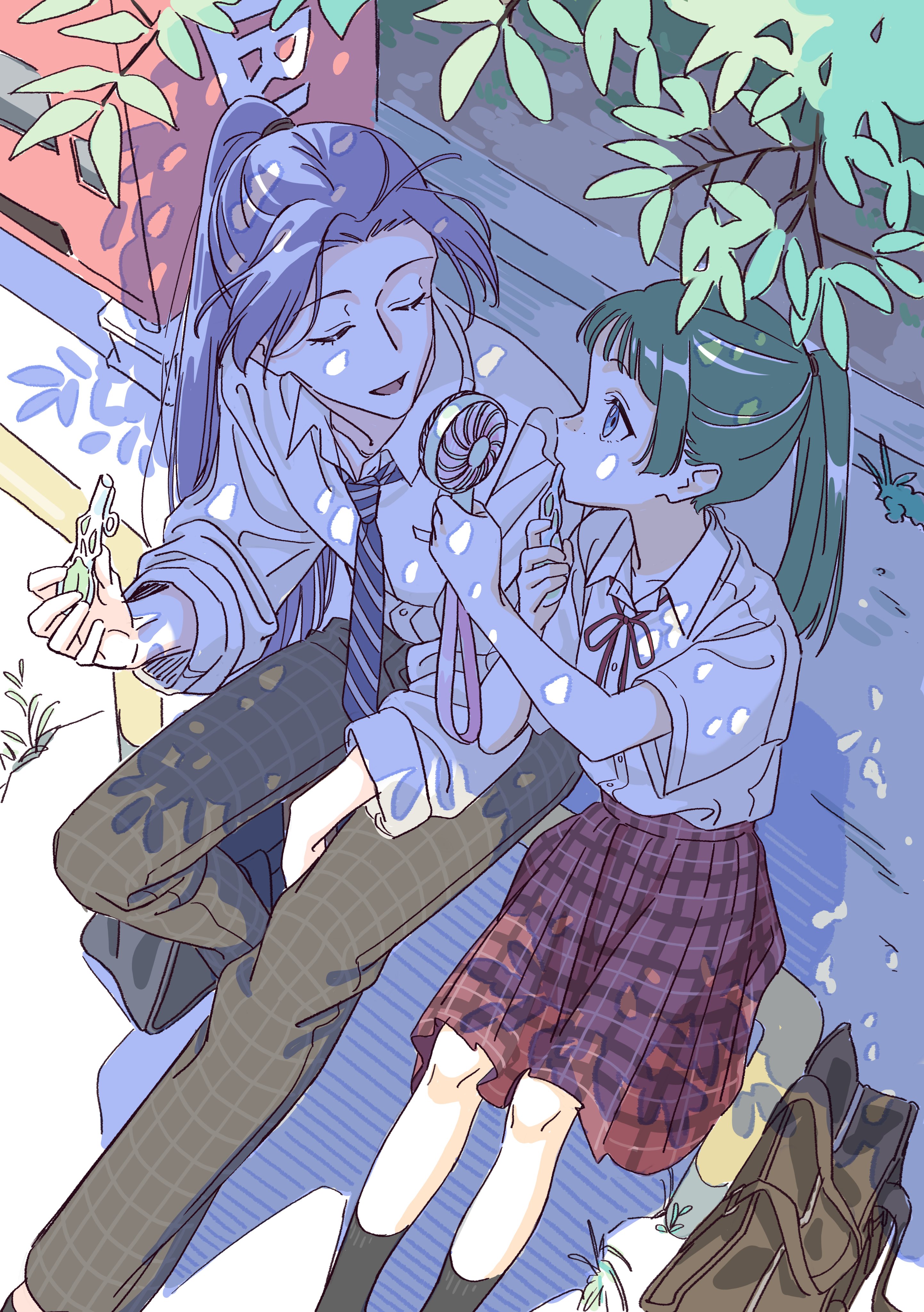 dangomochi2, jinshi (kusuriya no hitorigoto), maomao (kusuriya no hitorigoto), kusuriya no hitorigoto, absurdres, commentary request, highres, 1boy, 1girl, bag, black socks, freckles, from above, green hair, hand fan, holding, holding fan, looking at another, necktie, ponytail, purple hair, red skirt, school bag, school uniform, shirt, short sleeves, sidelocks, skirt, smile, socks, white shirt