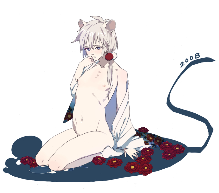 honya lala, bad id, bad pixiv id, 00s, 1girl, 2008, androgynous, anemone (flower), animal ears, blonde hair, blue eyes, camellia, female focus, flat chest, flower, japanese clothes, kneeling, mouse ears, new year, nude, pee, peeing, rose, seiza, sitting, solo