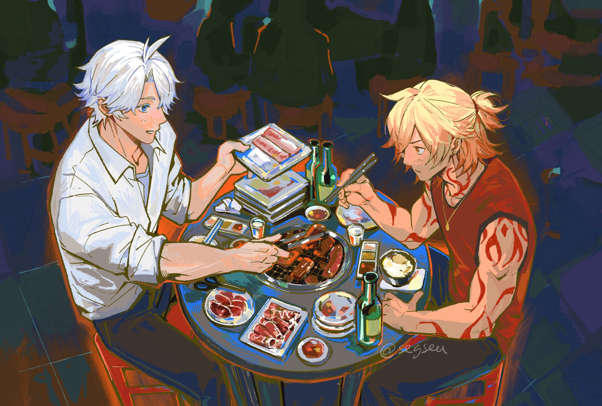 ngop, mydei (honkai: star rail), phainon (honkai: star rail), honkai: star rail, honkai (series), commentary, english commentary, highres, 2boys, alternate costume, antenna hair, arm tattoo, black pants, blonde hair, blue eyes, chopsticks, collared shirt, cooking, food, gradient hair, grilling, holding, holding chopsticks, male focus, meat, medium hair, multicolored hair, multiple boys, neck tattoo, pants, parted bangs, red hair, red shirt, shirt, short hair, sleeveless, sleeveless shirt, sleeves rolled up, tattoo, twitter username, white hair, white shirt, yaoi, yellow eyes