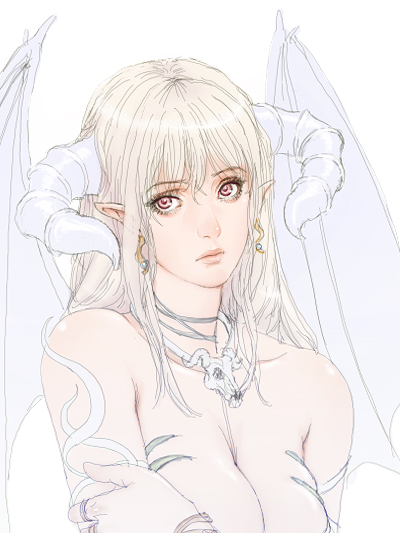 matsudo aya, original, 1girl, blonde hair, breasts, cleavage, demon girl, female focus, horns, large breasts, pointy ears, red eyes, solo, wings