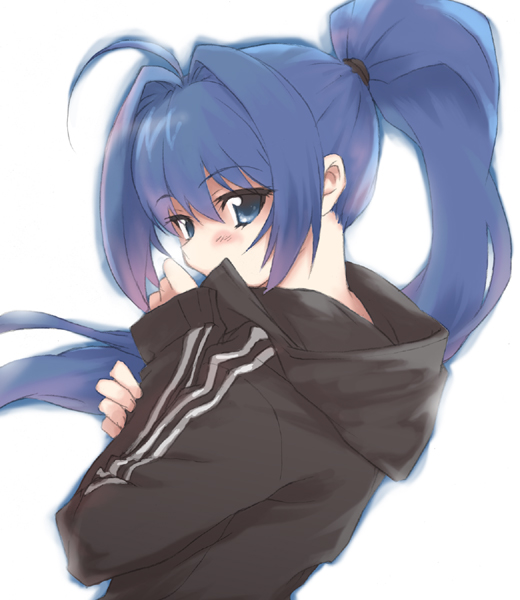 duke (inu daimyou), hayase mitsuki, kimi ga nozomu eien, 00s, 1girl, ahoge, blue eyes, blue hair, blush, double vertical stripe, female focus, hair intakes, high ponytail, hood, hoodie, long hair, matching hair/eyes, ponytail, simple background, solo, white background