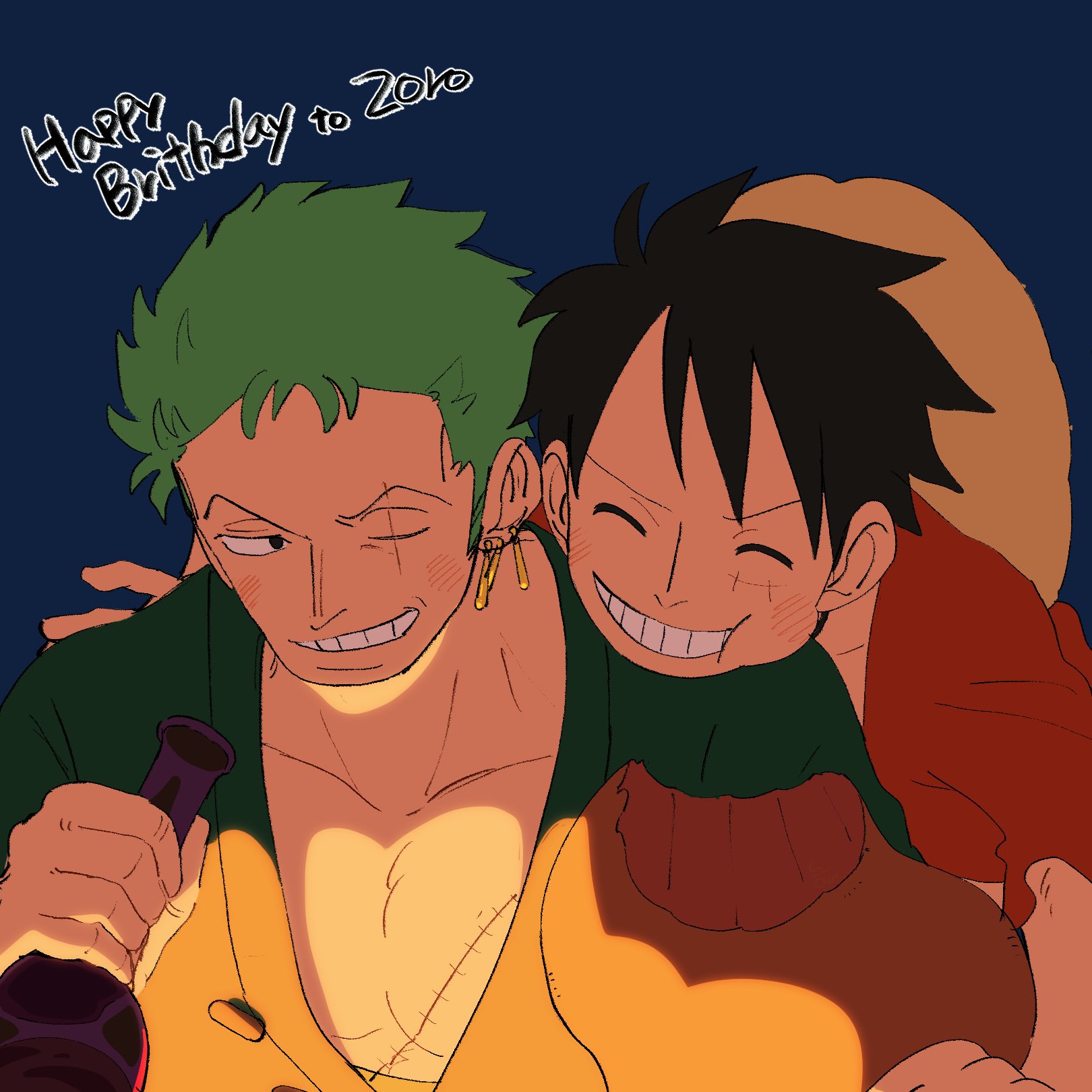 u uown, monkey d. luffy, roronoa zoro, one piece, commentary request, highres, 2boys, ^ ^, bare pectorals, black hair, blue background, bottle, closed eyes, collarbone, earrings, facial scar, green hair, green robe, grin, happy birthday, hat, holding, holding bottle, jewelry, looking at another, looking to the side, male focus, multiple boys, multiple earrings, one eye closed, pectorals, piercing, red shirt, robe, scar, scar across eye, scar on cheek, scar on face, shirt, short hair, smile, straw hat, teeth, unworn headwear, upper body