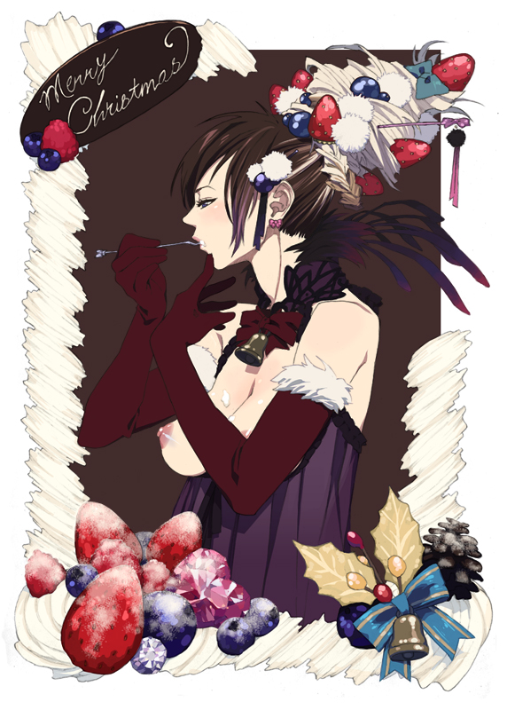 honya lala, original, bad id, bad pixiv id, 1girl, bare shoulders, bell, bow, breasts, christmas, cream, earrings, eating, elbow gloves, female focus, food, food-themed clothes, fruit, gloves, hair ornament, jewelry, nipples, solo, strawberry
