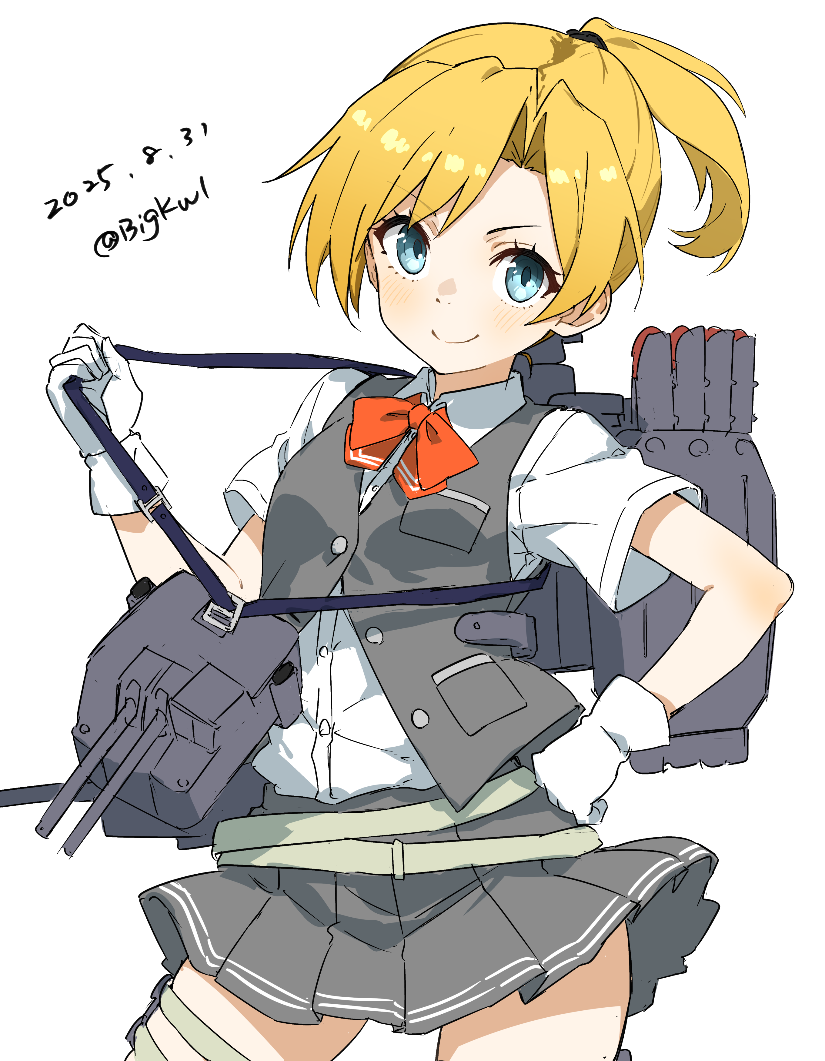 bigkwl, maikaze (kancolle), kantai collection, absurdres, highres, 1girl, adapted turret, blonde hair, blouse, blue eyes, bow, bowtie, cowboy shot, dated, gloves, grey skirt, grey vest, hand on own hip, looking at viewer, one-hour drawing challenge, parted bangs, pleated skirt, ponytail, red bow, red bowtie, rigging, shirt, short hair, short ponytail, short sleeves, simple background, skirt, torpedo launcher, twitter username, vest, white background, white gloves, white shirt