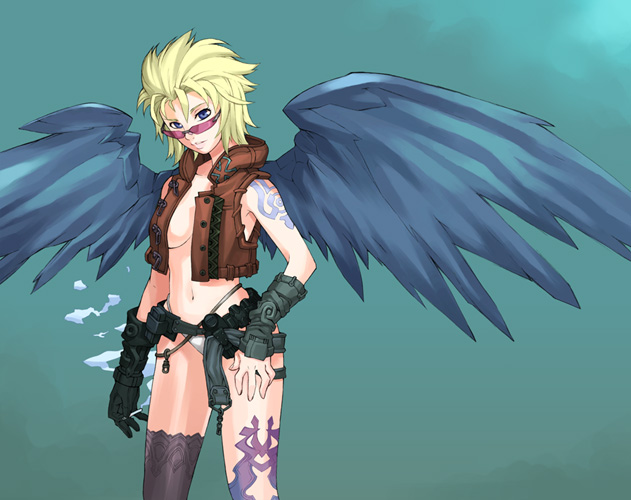 nakatomi ryo, nakatomi ryou, blonde hair, blue eyes, gloves, looking over eyewear, looking over glasses, pink-tinted eyewear, pink-tinted glasses, sunglasses, tattoo, thighhighs, tinted eyewear, wings