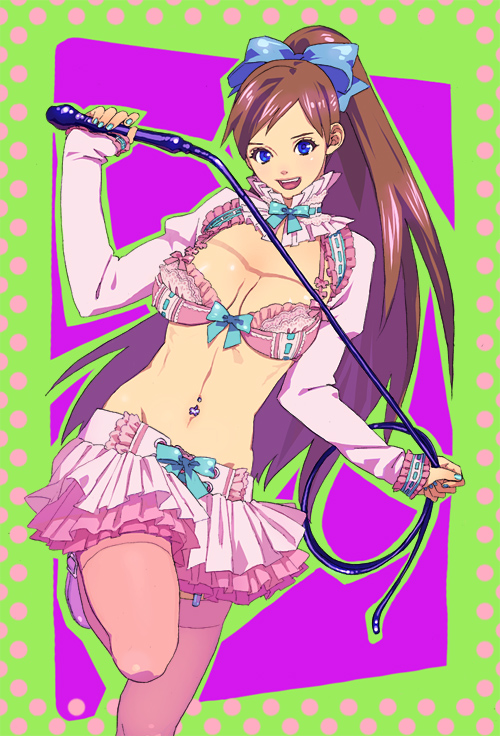 honya lala, bad id, bad pixiv id, 1girl, blue eyes, blue nails, bow, brown hair, choker, dominatrix, female focus, frills, garter belt, hair bow, lingerie, long hair, microphone, midriff, nail polish, navel, navel piercing, piercing, ponytail, skirt, solo, thighhighs, underwear, whip