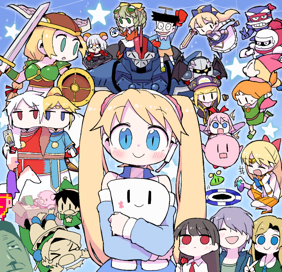 dokan (dkn), aino minako, blue (saga frontier), dante (devil may cry), dark meta knight, fairy (atelier), garry (ib), honekawa suneo, ib (ib), kirby, maria balthasar, marlone, mary (ib), narcia, pietro pakapuka, princess (forward to the sky), ribbon (kirby), rouge (saga frontier), rta-chan, sailor venus, seibzehn, sparky (kirby), sun wukong, tang sanzang, valkyrie (vnd), yulong (journey to the west), zan partizanne, atelier (series), atelier marie, bishoujo senshi sailor moon, doraemon, forward to the sky, hamtaro (series), ib (kouri), journey to the west, kirby (series), kirby star allies, nintendo, popolocrois, rta in japan, saga, saga frontier, unpacking (game), valkyrie no densetsu, xenogears, annotated, commentary, 6+boys, 6+girls, ^^^, armor, belt, black eyes, black hair, black hat, blonde hair, blue bow, blue dress, blue eyes, blue shirt, book, bow, box, boxing gloves, brown belt, brown hair, brown shorts, card, cardboard box, chibi, circlet, closed mouth, conjoined, cosplay, crossover, crystal, dante (devil may cry) (cosplay), dress, drill hair, facial hair, fairy, flower, gamigami maou, ganso saiyuuki: super monkey daibouken, gloves, god of glitch, graphics card, green tunic, grey hair, hair bow, hair over one eye, hamster, hat, headset, helmet, holding, holding card, holding crystal, holding flower, holding shield, holding sword, holding weapon, horse, knight, light infantry (game), long hair, looking at another, looking at viewer, magical girl, mask, mecha, multiple boys, multiple girls, mustache, open mouth, orange skirt, pink hair, pleated skirt, ponytail, propeller, purple hair, rectangular mouth, red bow, red eyes, red flower, red hat, red rose, robot, rose, sailor senshi uniform, shield, shirt, short hair, shorts, skirt, smile, solid oval eyes, star (symbol), stuffed animal, stuffed pig, stuffed toy, sword, tunic, twintails, v, weapon, white gloves, white hair, white knight (popolocrois), white shirt, winged helmet, wings