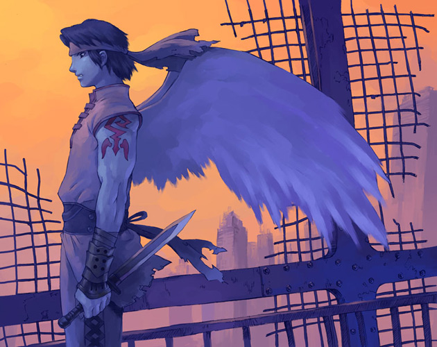 nakatomi ryou, 1boy, headband, male focus, solo, sword, tattoo, weapon, wings