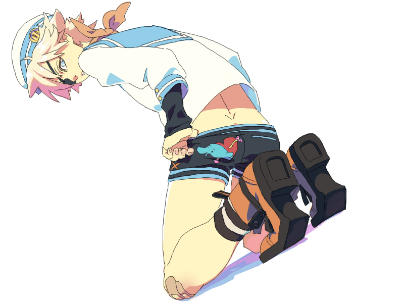 honya lala, gender request, androgynous, ass, bandaid, bandaid on knee, bandaid on leg, blue eyes, dutch angle, eyepatch, from behind, from side, full body, hat, kneeling, school uniform, serafuku, shadow, short hair, shorts, socks, solo