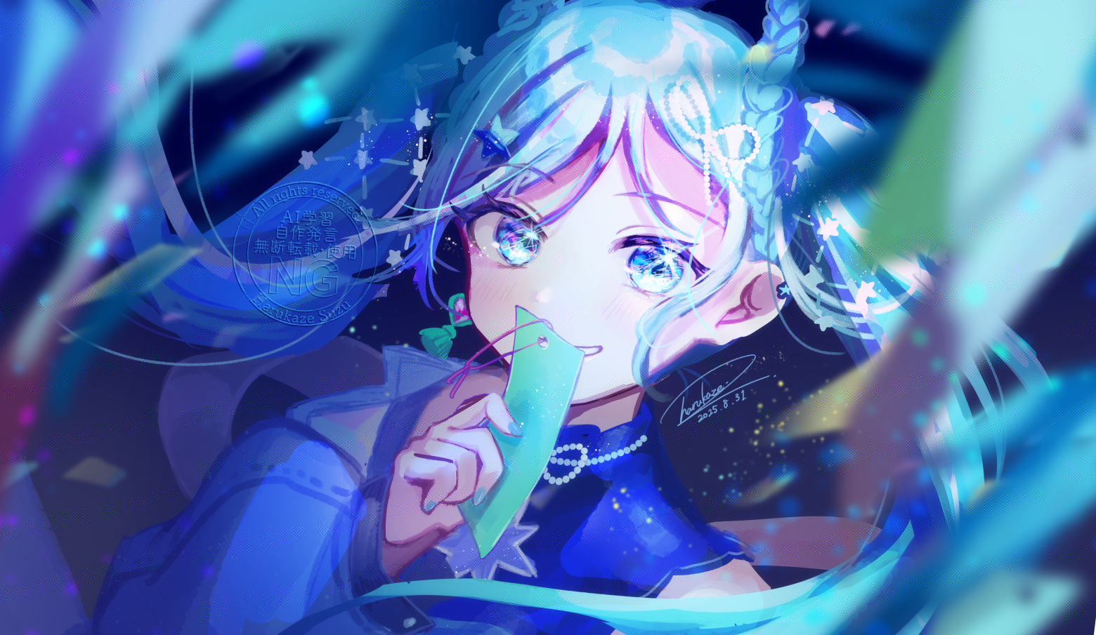 hatsune miku, magical mirai miku, magical mirai miku (2025), magical mirai (vocaloid), vocaloid, 1girl, aqua hair, aqua nails, blue eyes, blue jacket, blush, braid, braided hair rings, crop top, earrings, hair ornament, hair rings, heart, heart earrings, jacket, jewelry, long hair, long sleeves, looking at viewer, official alternate costume, official alternate hairstyle, open clothes, open jacket, open mouth, r4 suzukaze8, single earring, smile, solo, star (symbol), star hair ornament, tanabata, twintails, very long hair
