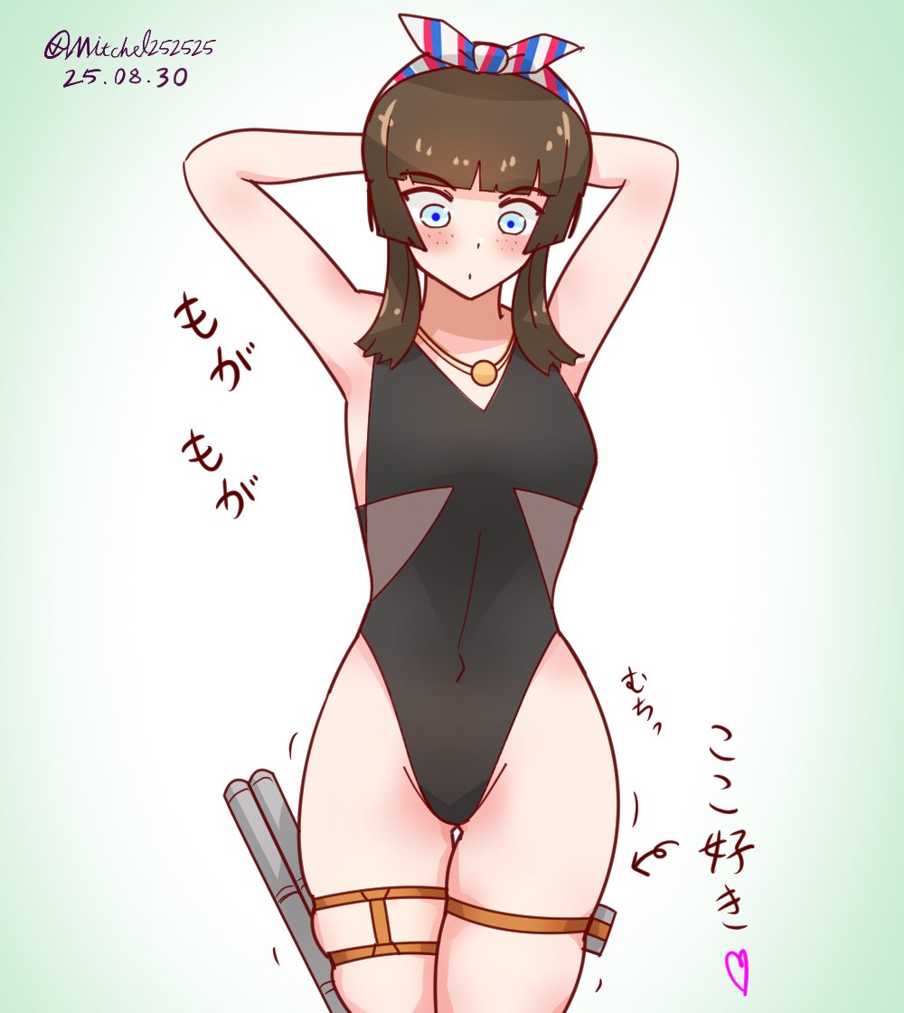 mitchell (dynxcb25), mogador (kancolle), kantai collection, commentary request, 1girl, arms behind head, black hair, black one-piece swimsuit, blue eyes, casual one-piece swimsuit, dated, gradient background, hairband, highleg, highleg one-piece swimsuit, long hair, mogador (swimsuit) (kancolle), multicolored hairband, one-hour drawing challenge, one-piece swimsuit, sidelocks, solo, standing, swimsuit, thigh gap, thigh strap, torpedo, twitter username