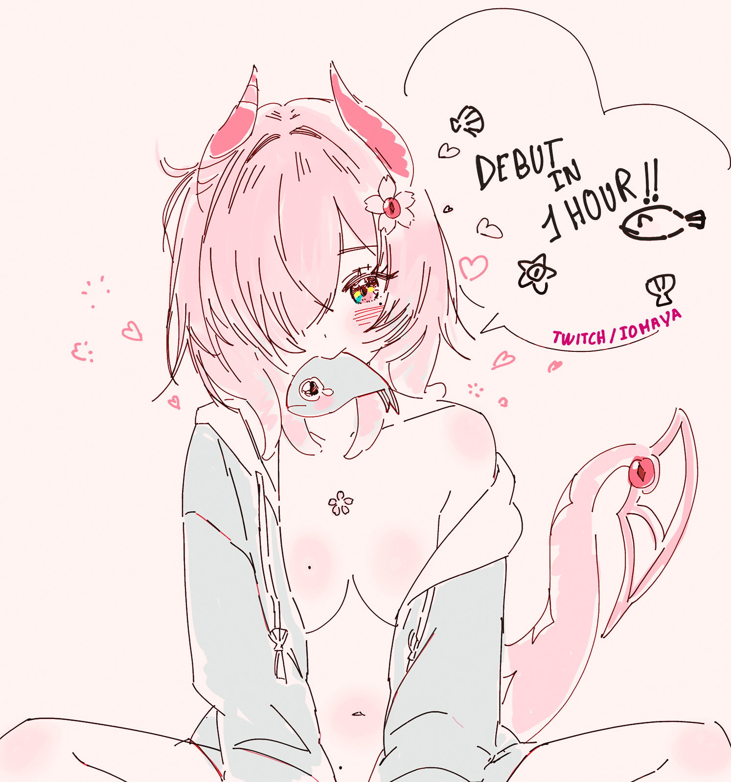 nixeu, indie virtual youtuber, commentary, english commentary, highres, promotional art, 1girl, blue eyes, blue hoodie, blush, breasts, cherry blossoms, closed mouth, collarbone, english text, fish, fish in mouth, flower, hair flower, hair ornament, heart, hood, hoodie, horns, iomaya (vtuber), long sleeves, looking at viewer, medium hair, mole, mole on breast, mole on stomach, mole under eye, mouth hold, multicolored eyes, naked hoodie, navel, open clothes, open hoodie, pink background, pink eyes, pink hair, pink horns, pink tail, simple background, single bare shoulder, sitting, sketch, solo, speech bubble, spread legs, stomach, tearing up, thighs, twitch username, virtual youtuber, yellow eyes