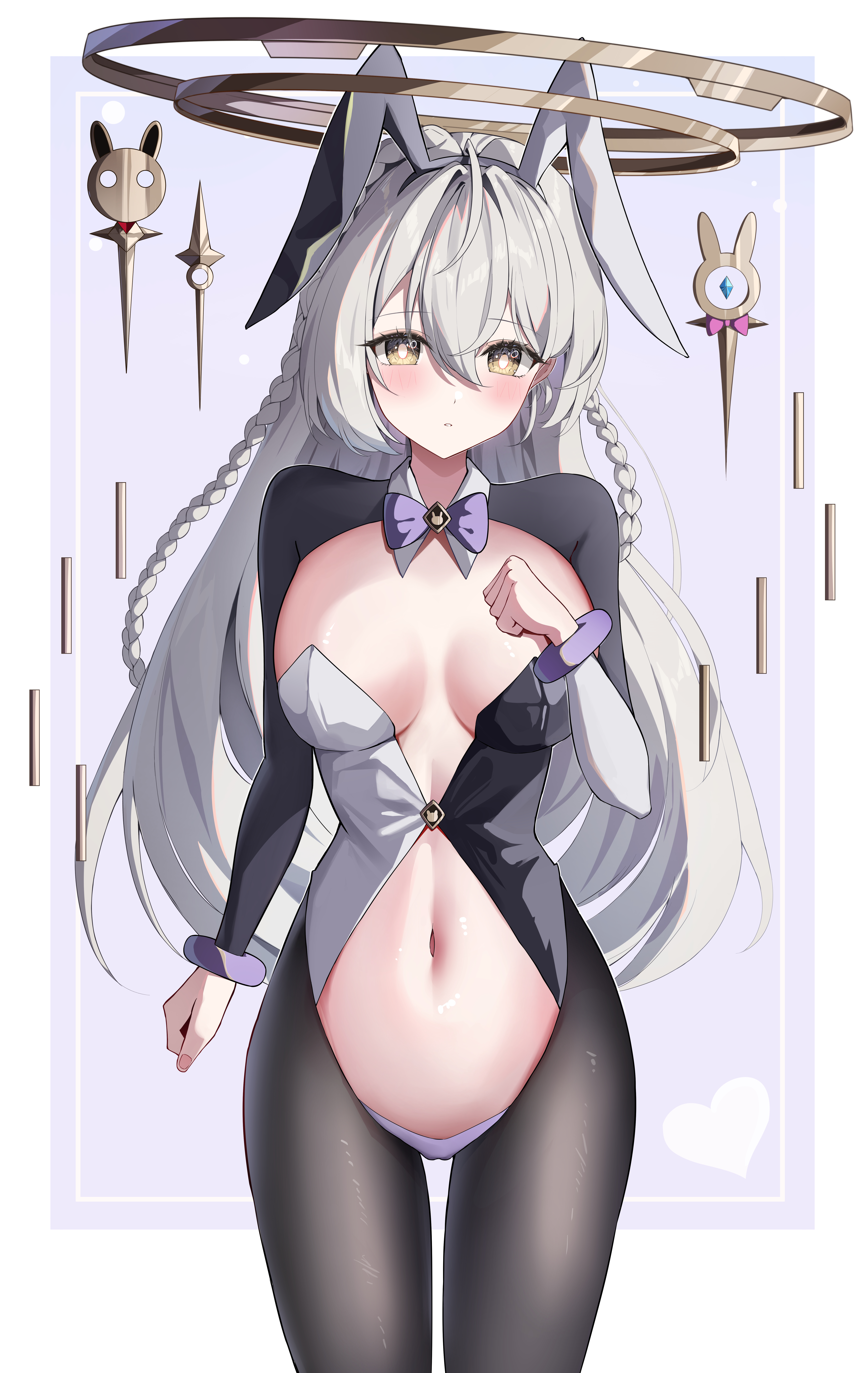 yeni1871, istaroth (genshin impact), genshin impact, absurdres, commentary request, highres, 1girl, animal ear hairband, animal ears, black pantyhose, blush, bow, bowtie, braid, breasts, breasts apart, cameltoe, closed mouth, cowboy shot, fake animal ears, grey hairband, grey halo, hair between eyes, hairband, halo, hand up, long hair, looking at viewer, medium breasts, navel, pantyhose, purple bow, purple bowtie, rabbit ears, reverse bunnysuit, reverse outfit, split-color clothes, stomach, very long hair, yellow eyes