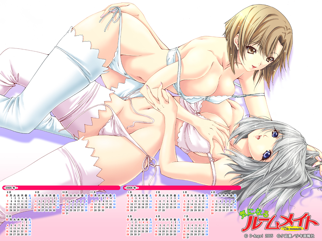 kininaru roommate, silver hair, 2girls, blue eyes, bra, breasts, brown eyes, brown hair, calendar, cleavage, grabbing another's breast, groping, large breasts, lingerie, multiple girls, panties, thighhighs, underwear, underwear only, yuri