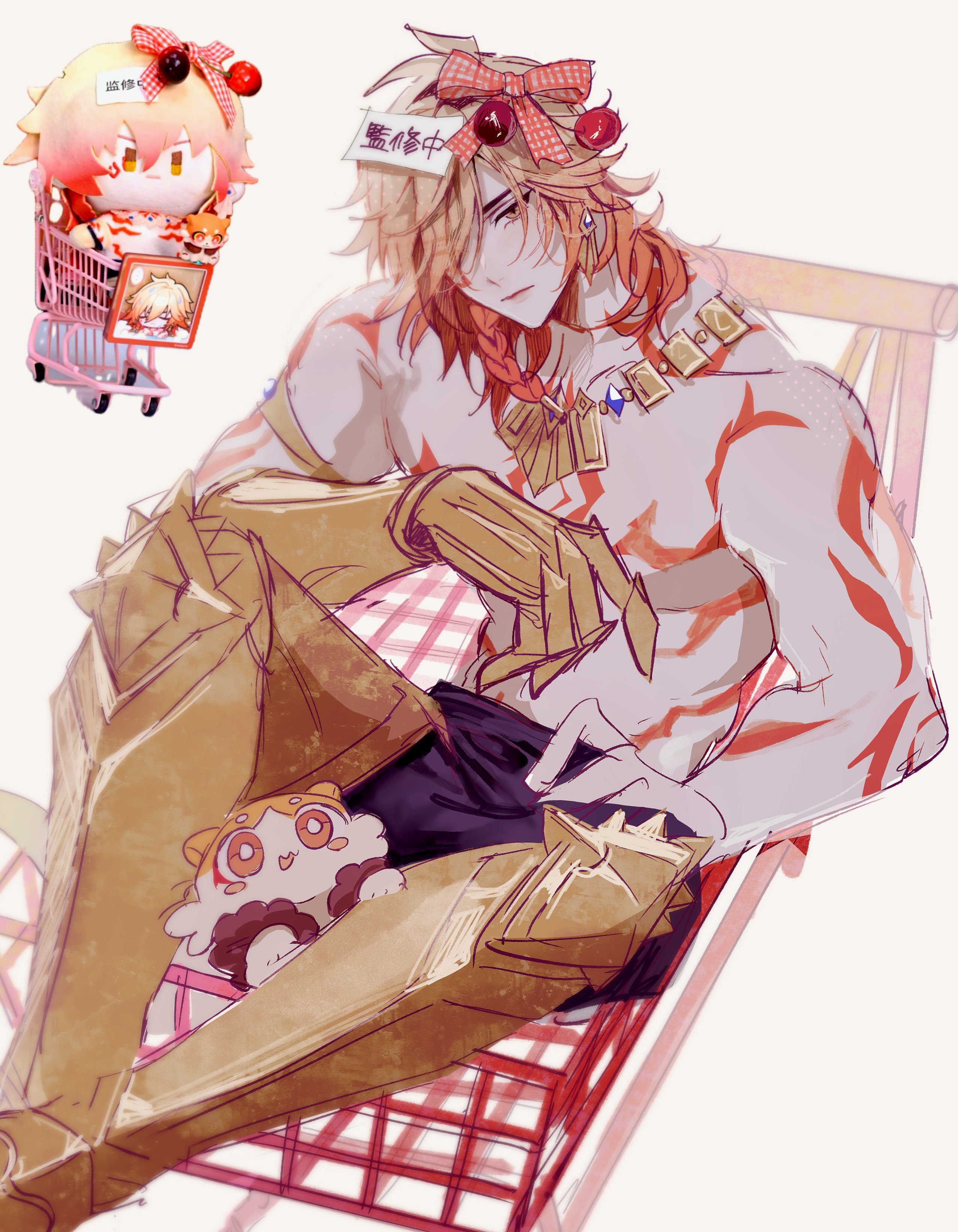 ggtnnk, mydei (honkai: star rail), phainon (honkai: star rail), honkai: star rail, honkai (series), absurdres, commentary, highres, symbol-only commentary, 1boy, arm tattoo, armlet, armor, armored boots, black pants, blonde hair, boots, bow, braid, chest tattoo, clawed gauntlets, earrings, facial tattoo, gold earrings, gold necklace, gradient hair, hair between eyes, in shopping cart, jewelry, male focus, medium hair, multicolored hair, necklace, pants, pauldrons, photo inset, pink bow, red hair, red tattoo, shopping cart, shoulder armor, side braid, simple background, single pauldron, tattoo, topless male, white background, yellow eyes