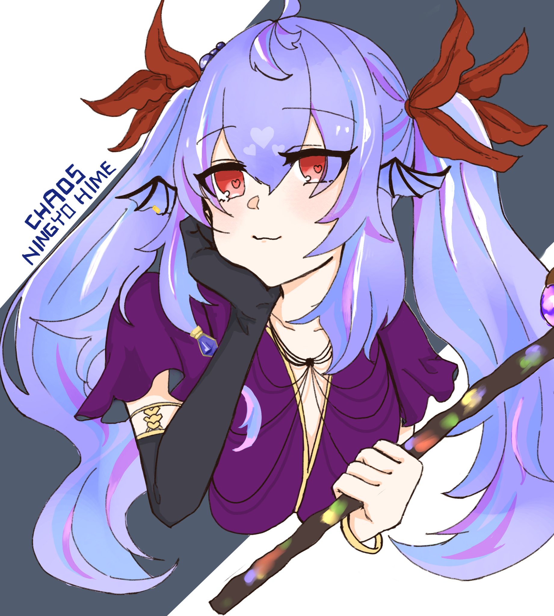chaos mermaid (grimms notes), grimms notes, 1girl, character name, oudn sns, purple hair, red eyes, solo, twintails