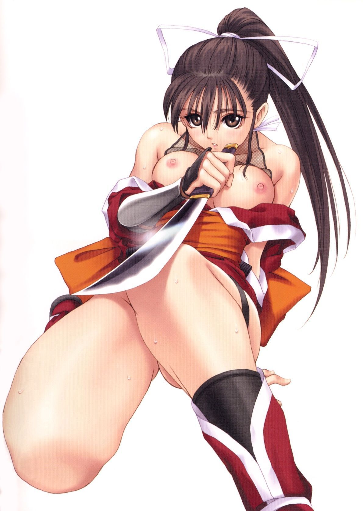tanaka takayuki, ran (mitama ~shinobi~), mitama ~shinobi~, highres, breasts, brown eyes, brown hair, fishnets, ninja, nipples, ponytail, sweat, sword, weapon