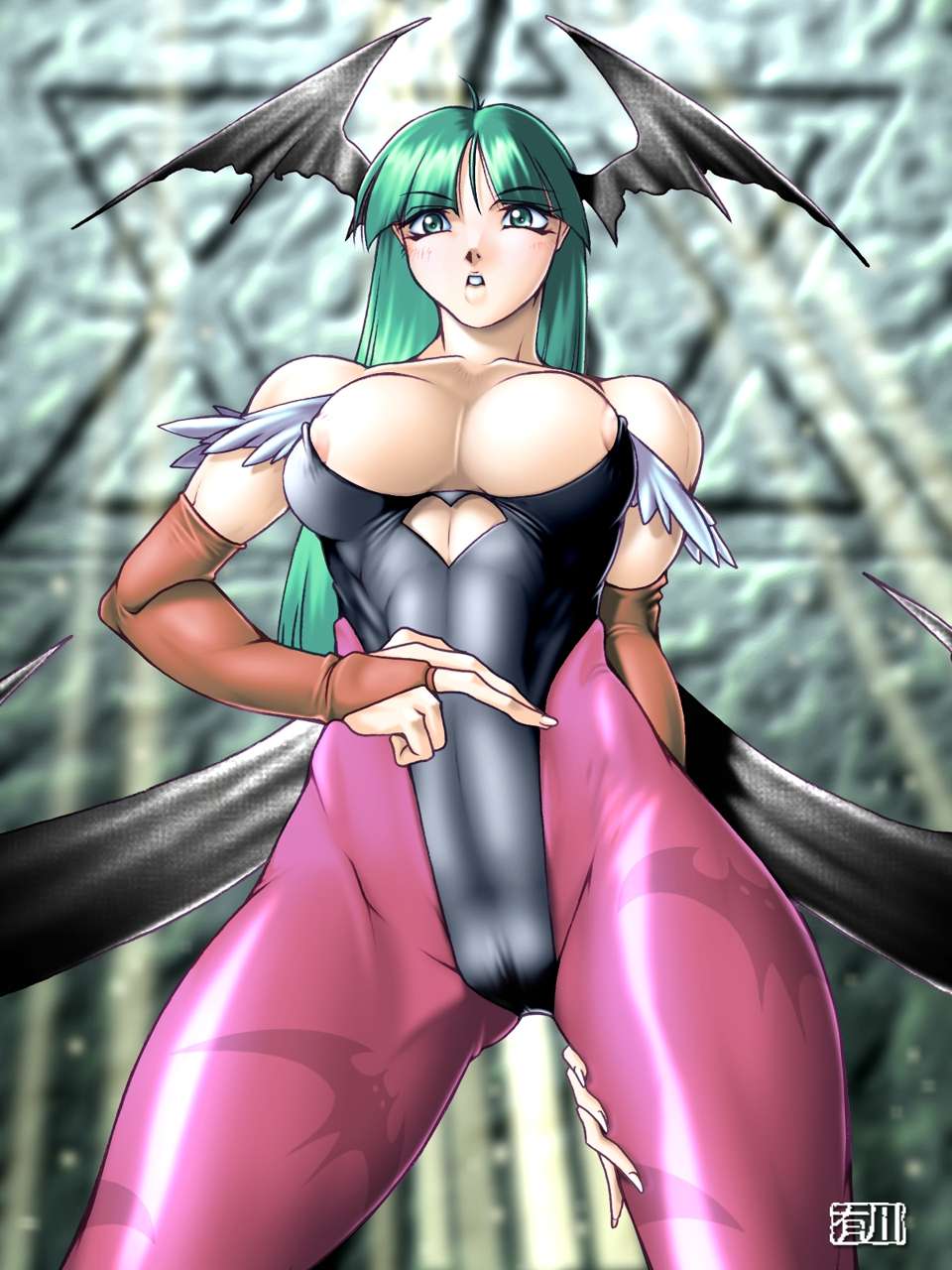 morrigan aensland, capcom, darkstalkers, highres, 1girl, animal print, arisaka, bat print, bolt action, breasts, cameltoe, cleavage, female focus, gun, head wings, rifle, sideboob, solo, weapon, wings
