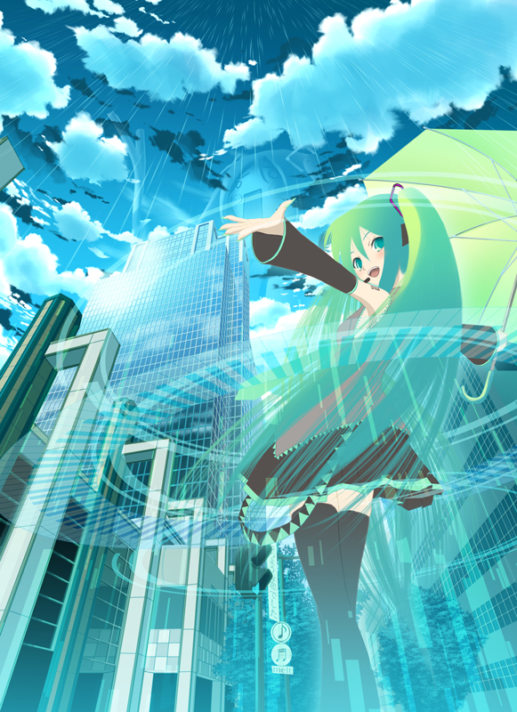 yonasawa, hachune miku, hatsune miku, melt (vocaloid), vocaloid, 1girl, aqua hair, cameo, cloud, day, detached sleeves, female focus, rain, skirt, sky, solo, spring onion, thighhighs, twintails, umbrella