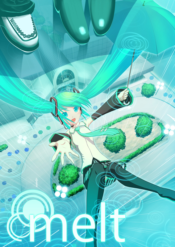 yonasawa, hatsune miku, melt (vocaloid), vocaloid, 1girl, aqua eyes, aqua hair, falling, female focus, necktie, rain, shoes, solo, thighhighs, twintails, umbrella, umbrella riding