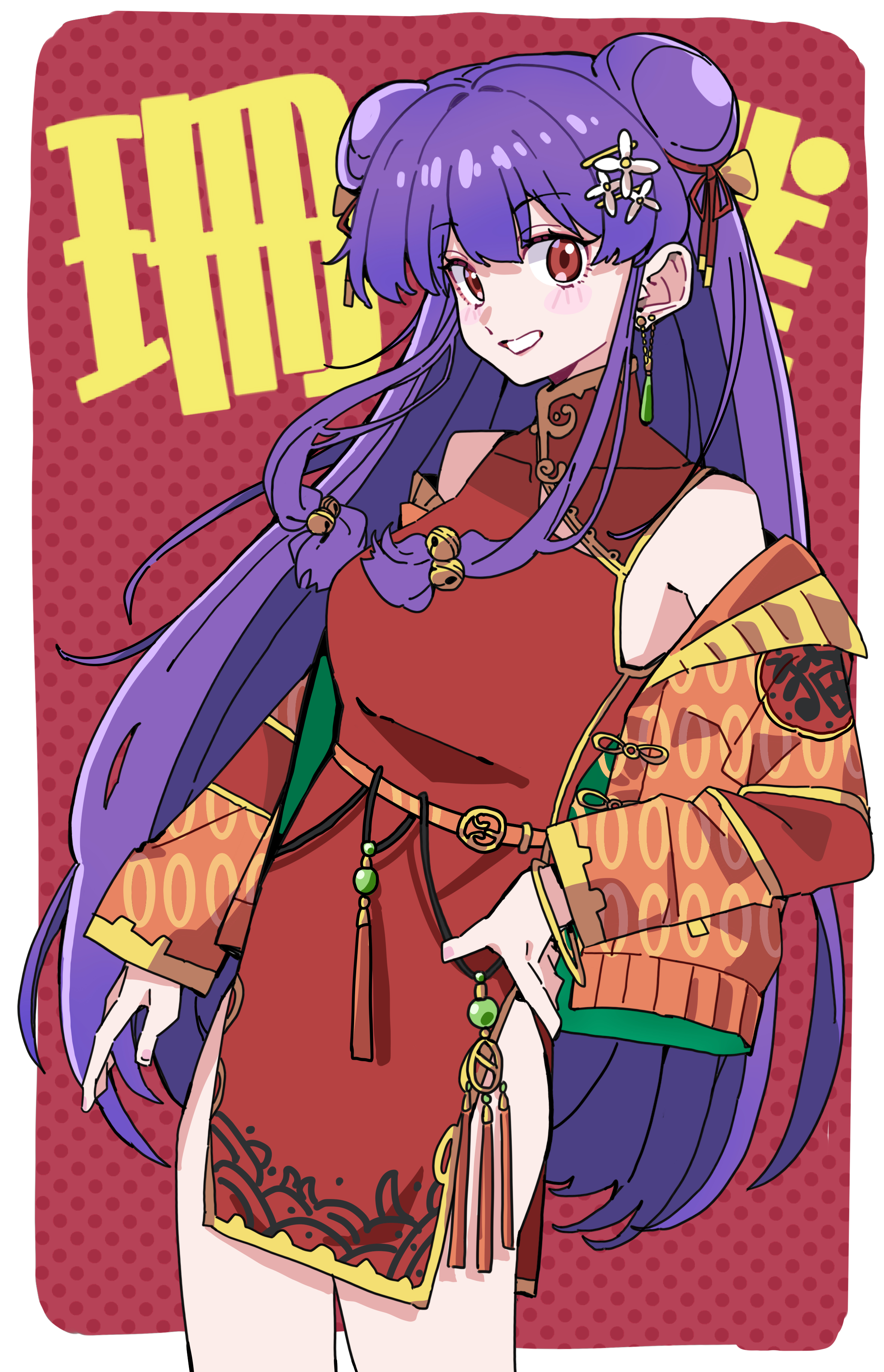yaha0079, shampoo (ranma 1/2), ranma 1/2, absurdres, commentary request, highres, 1girl, bare shoulders, bell, china dress, chinese clothes, cowboy shot, double bun, dress, flower, hair bell, hair bun, hair flower, hair ornament, hand on own hip, jacket, jingle bell, long hair, looking at viewer, open clothes, open jacket, polka dot, polka dot background, purple hair, red background, red dress, red eyes, red jacket, side slit, sidelocks, sleeveless, sleeveless dress, smile, solo