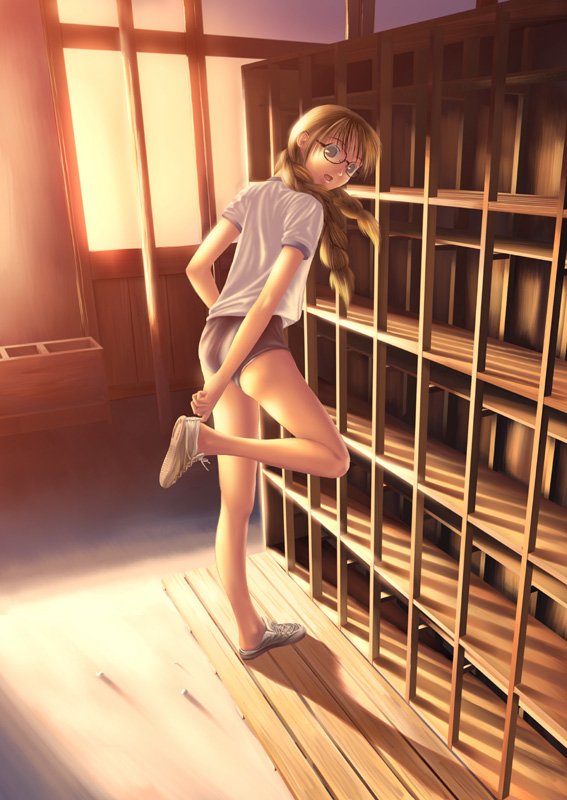 yonasawa, yakamoto (yonasawa), original, 1girl, braid, buruma, evening, female focus, glasses, gym uniform, shade, shadow, shoes, solo, twilight, twin braids