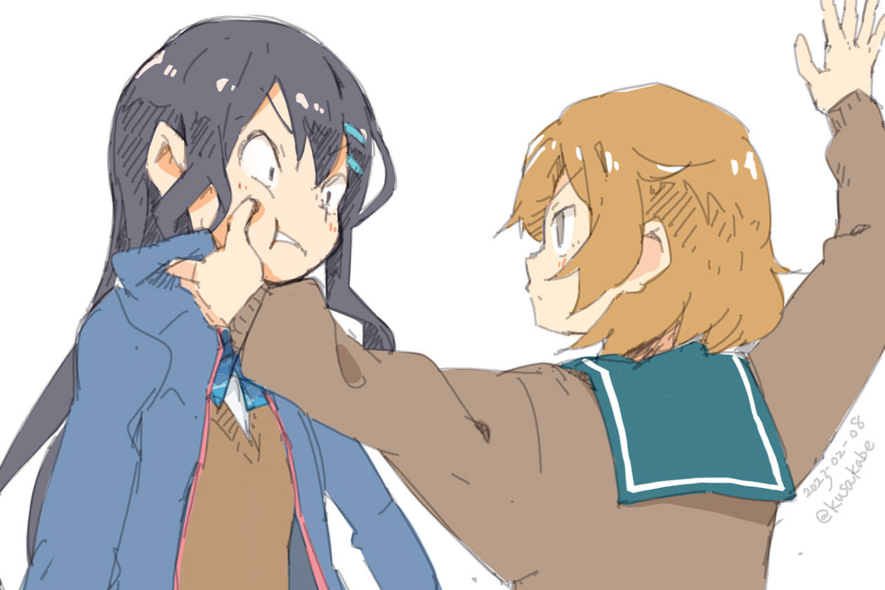 kusakabe (kusakabeworks), oboro (kancolle), kantai collection, original, 2girls, black hair, blue sailor collar, brown hair, brown sweater, clothes grab, collar grab, hand up, imminent slap, long hair, multiple girls, neckwear grab, sailor collar, short hair, simple background, sweater, sweater vest, upper body, white background