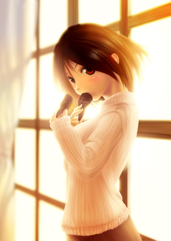 yonasawa, original, 1girl, eating, female focus, heart, solo, sweater, valentine, window