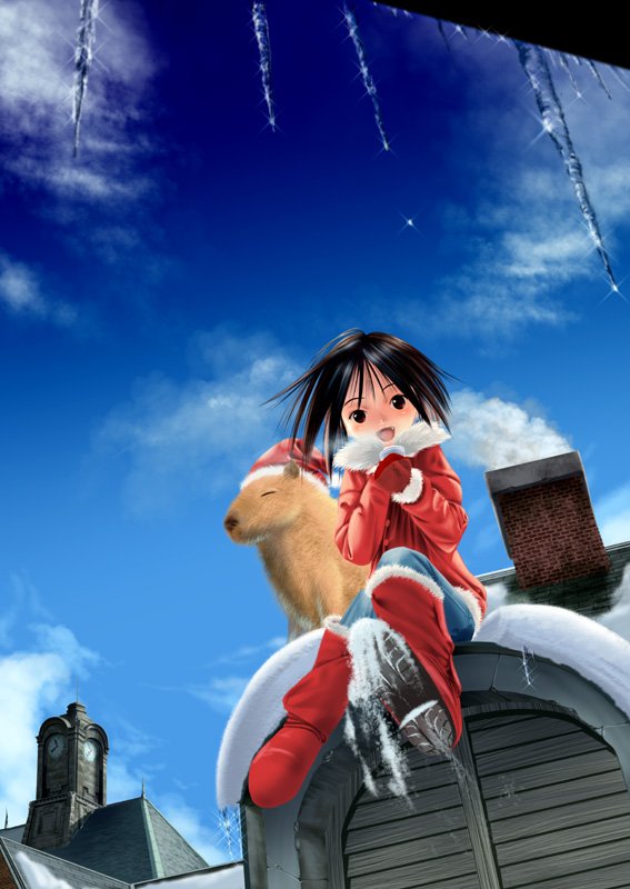 yonasawa, original, 1girl, black hair, boots, capybara, chimney, christmas, cold, day, fang, female focus, icicle, pants, santa costume, sitting, sky, smoke, snow, solo, winter