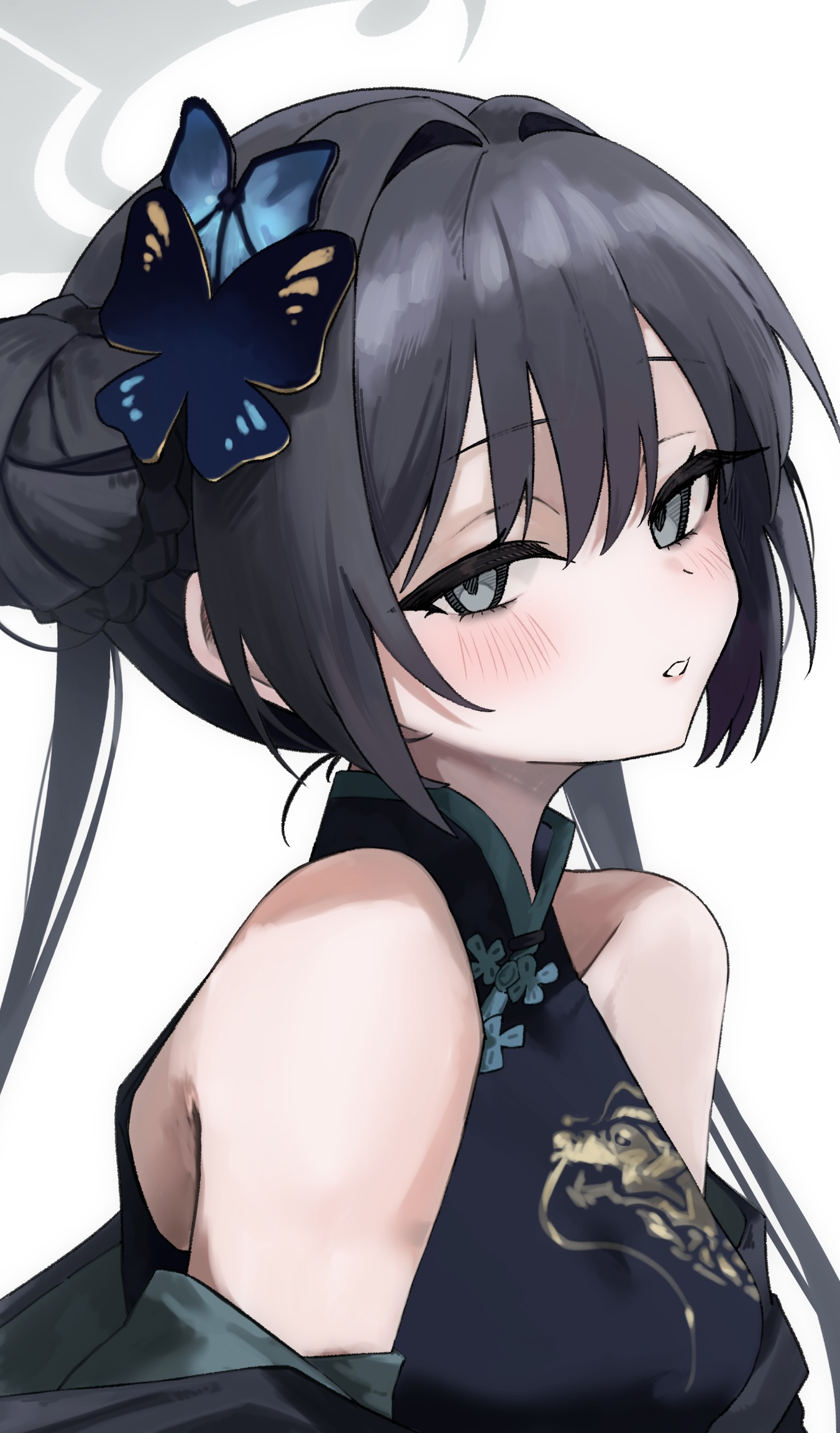 takamalu08 12, kisaki (blue archive), blue archive, highres, 1girl, bare shoulders, black butterfly, black dress, black hair, blue butterfly, blush, breasts, bug, butterfly, butterfly hair ornament, cardigan, china dress, chinese clothes, dragon print, dress, grey cardigan, grey eyes, grey halo, hair bun, hair intakes, hair ornament, halo, insect, long hair, looking at viewer, off shoulder, parted lips, print dress, sidelocks, simple background, sleeveless, sleeveless dress, small breasts, turtleneck, turtleneck dress, twintails, upper body, white background