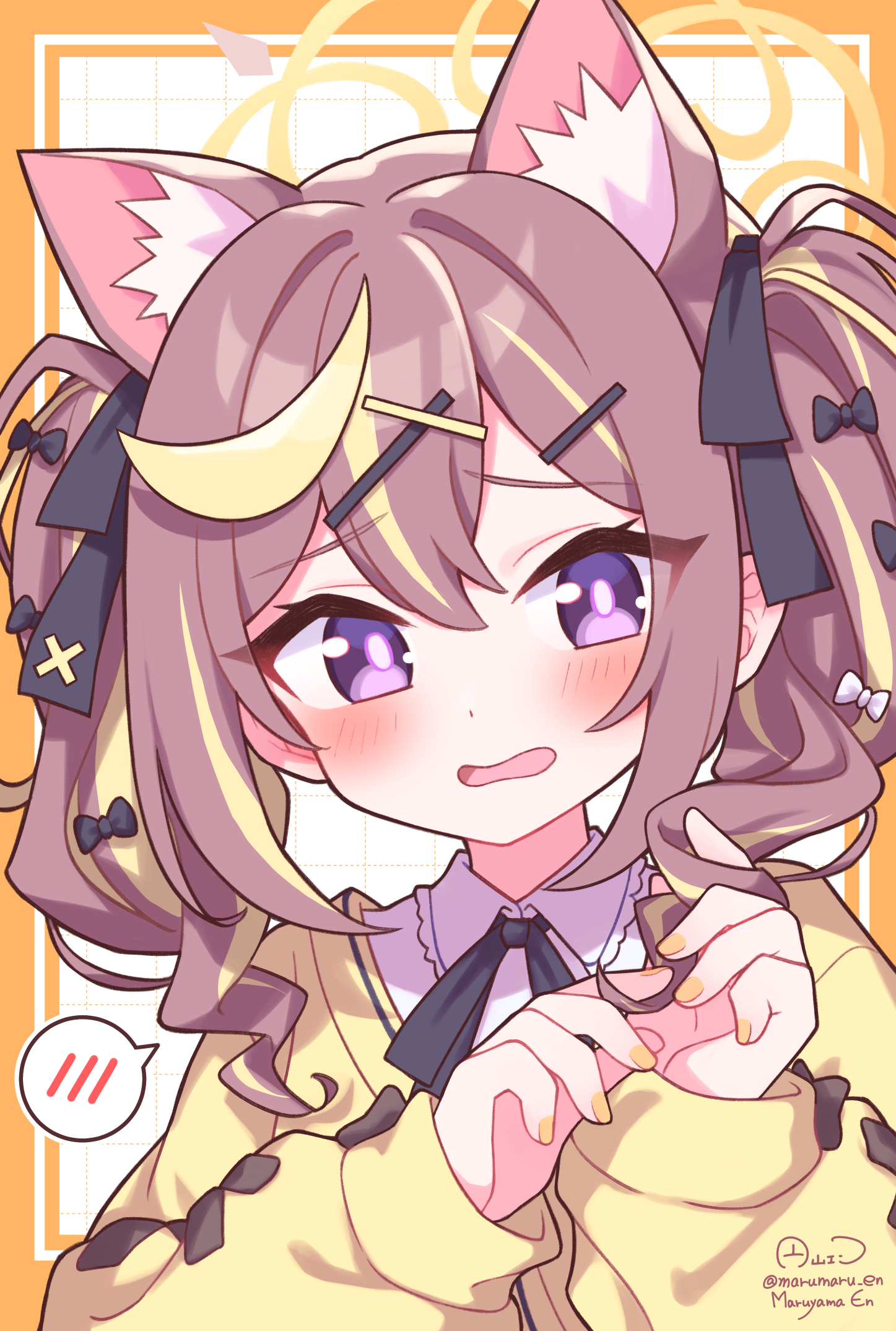 maruyama en, rena (blue archive), blue archive, highres, 1girl, animal ear fluff, animal ears, blonde hair, blush, bow, brown hair, hair bow, hair ornament, long sleeves, multicolored hair, puffy long sleeves, puffy sleeves, purple eyes, shirt, solo, streaked hair, twintails, yellow nails