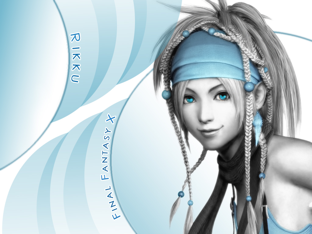 rikku (ff10), final fantasy, final fantasy x, final fantasy x-2, 00s, 1girl, 3d, blue theme, braid, copyright name, female focus, headband, monochrome, scarf, solo, suspenders