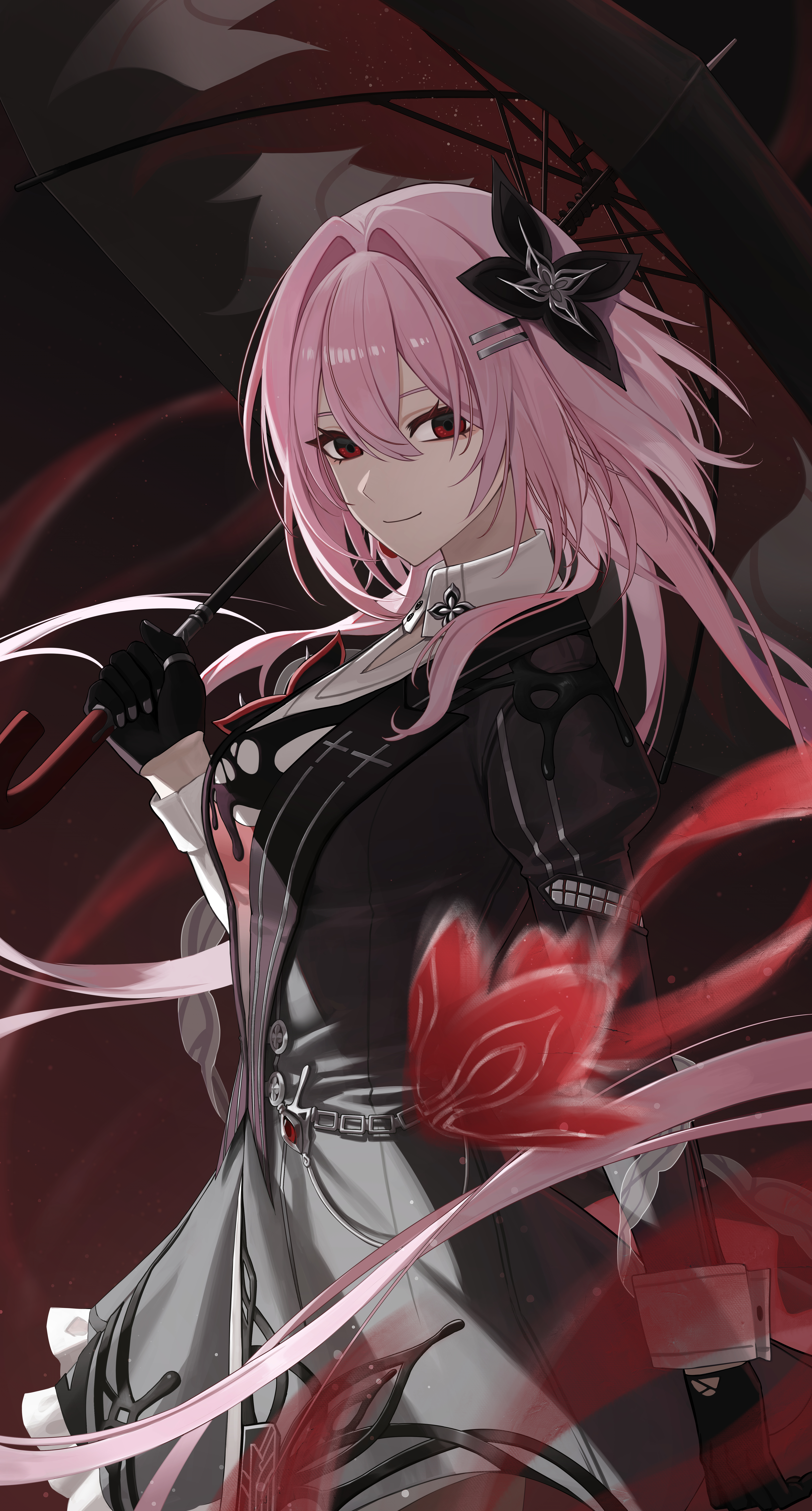 evernight (honkai: star rail), march 7th (honkai: star rail), honkai: star rail, honkai (series), absurdres, commentary, highres, 1girl, black background, black dress, black flower, black gloves, black umbrella, breasts, dress, flower, from side, gloves, gradient background, hair flower, hair ornament, holding, holding umbrella, light smile, long hair, looking at viewer, medium breasts, pink hair, red background, red eyes, solo, umbrella, vynz 9