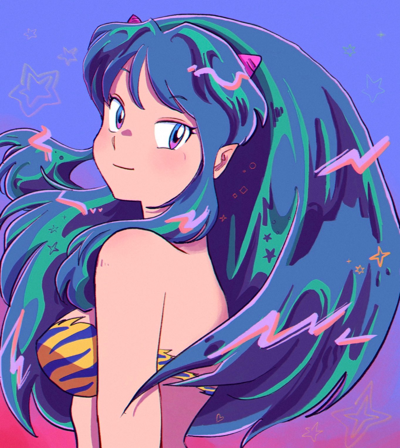 sauizph, lum, urusei yatsura, commentary, highres, symbol-only commentary, 1girl, animal print, bikini, blue hair, breasts, cone horns, eyelashes, from side, gradient background, horns, long hair, looking at viewer, pointy ears, print bikini, sidelocks, solo, star (symbol), swimsuit, tiger print, upper body