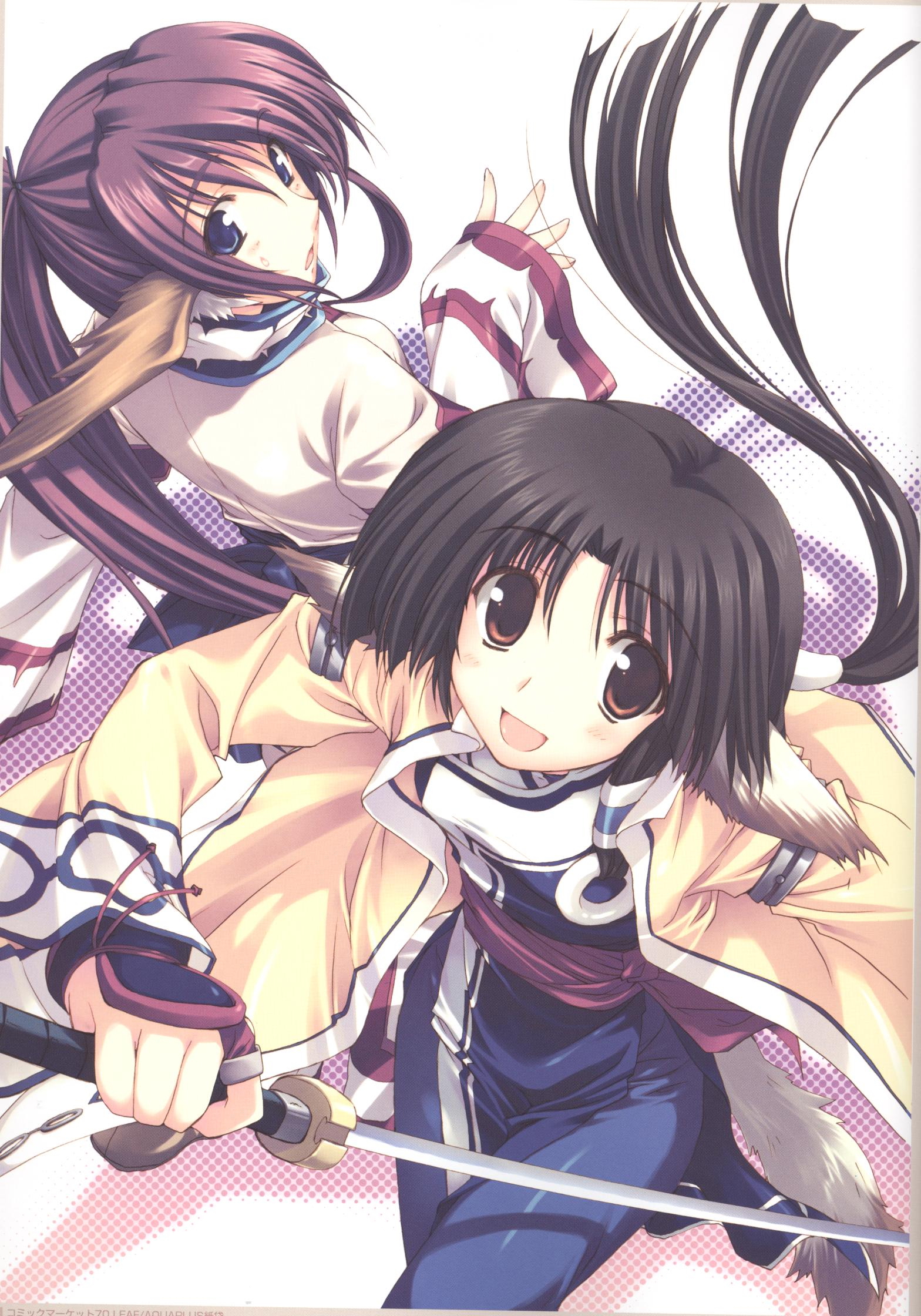 amazuyu tatsuki, eruruu, touka (utawarerumono), utawarerumono, highres, official art, scan, 00s, 2girls, :d, :o, age difference, animal ears, arm guards, black hair, blue eyes, blush, bow, breasts, brown eyes, brown hair, cosplay, costume switch, dog ears, dog tail, floating hair, hair ornament, hair tubes, halftone, happy, head wings, high ponytail, holding, holding weapon, japanese clothes, long hair, long sleeves, looking at viewer, looking back, low ponytail, multiple girls, open clothes, open mouth, ponytail, purple hair, sash, sidelocks, sleeves past wrists, small breasts, smile, sweatdrop, sword, tabard, tail, turtleneck, weapon, wings