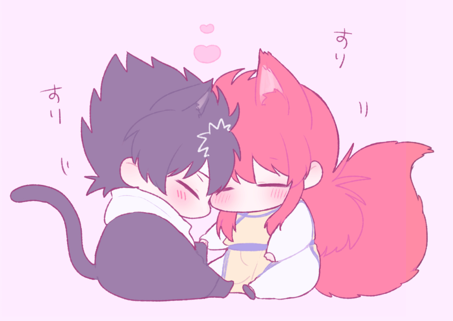 morishi (bearxforest), hiei (yu yu hakusho), kurama (yu yu hakusho), yuu yuu hakusho, commentary request, translation request, 2boys, animal ears, black boots, black hair, black robe, black shoes, blush, boots, cat boy, cat ears, cat tail, chibi, chibi only, chinese clothes, closed eyes, forehead-to-forehead, fox boy, fox ears, fox tail, full body, heads together, heart, kemonomimi mode, long hair, long sleeves, male focus, multiple boys, pants, purple background, red hair, robe, scarf, shoes, short hair, sidelocks, sitting, spiked hair, spoken heart, tail, white pants, white scarf, white streaks, yaoi
