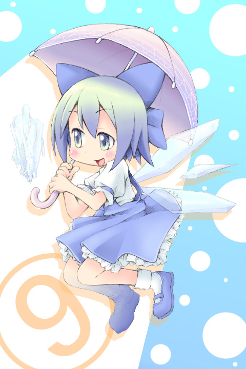 ham (points), cirno, phantasmagoria of flower view, touhou, 1girl, bow, circled 9, female focus, loli, smile, solo, umbrella