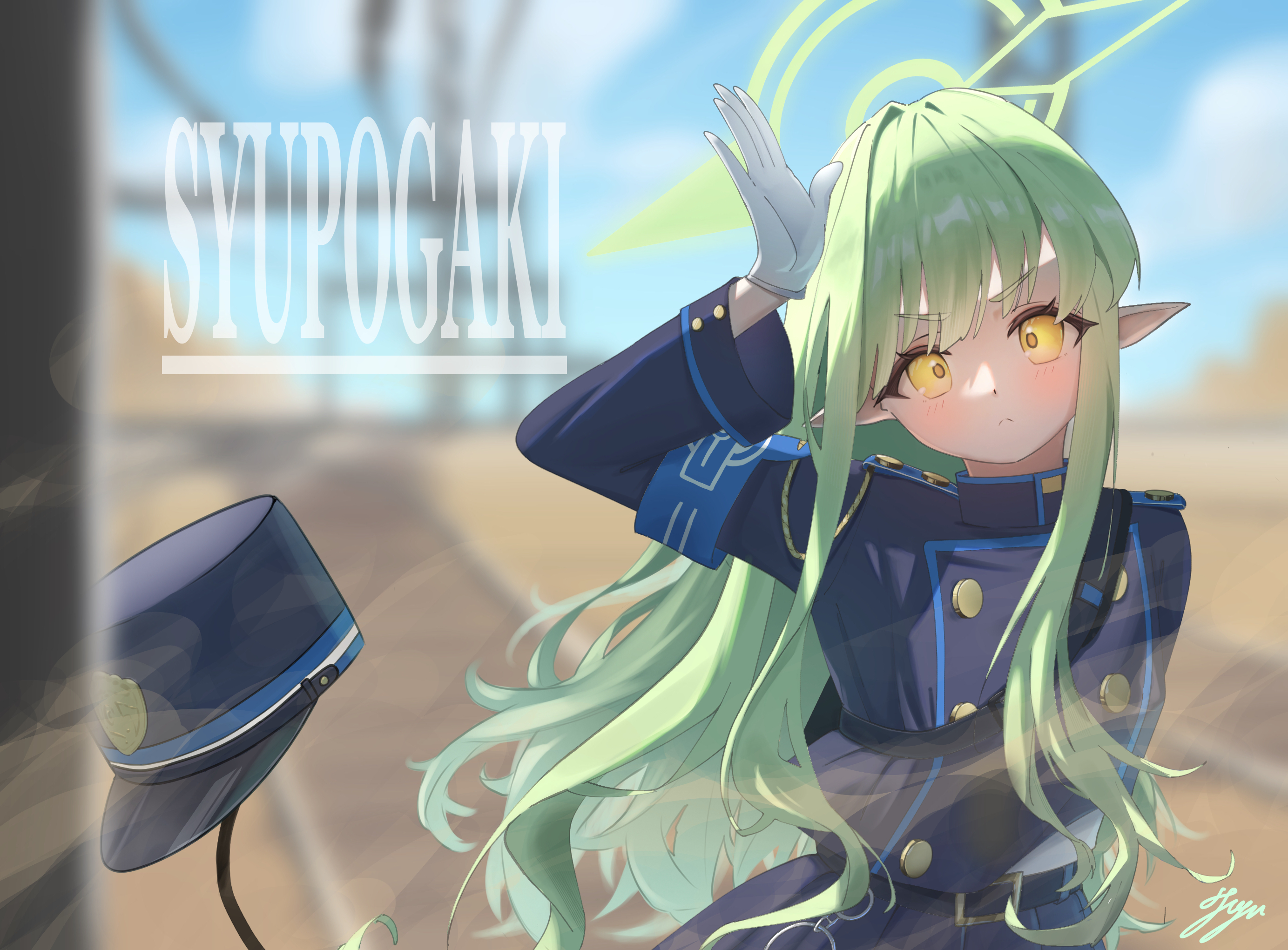 hikari (blue archive), blue archive, commentary, highres, >:(, 1girl, armband, backlighting, belt, black belt, black hat, black jacket, black skirt, blue armband, blue sky, blurry, blurry background, blush, buttons, closed mouth, cowboy shot, day, demon girl, demon tail, desert, double-breasted, eyelashes, floating hair, frown, gloves, green hair, green halo, hair intakes, halo, hand up, hat, hat on tail, head tilt, jacket, long hair, long sleeves, looking at viewer, making faces, no headwear, outdoors, peaked cap, pointy ears, railroad tracks, romaji commentary, romaji text, sidelocks, signature, skirt, sky, solo, tail, tareme, twoarrow illust, unworn hat, unworn headwear, v-shaped eyebrows, very long hair, white gloves, wind, yellow eyes, yellow pupils