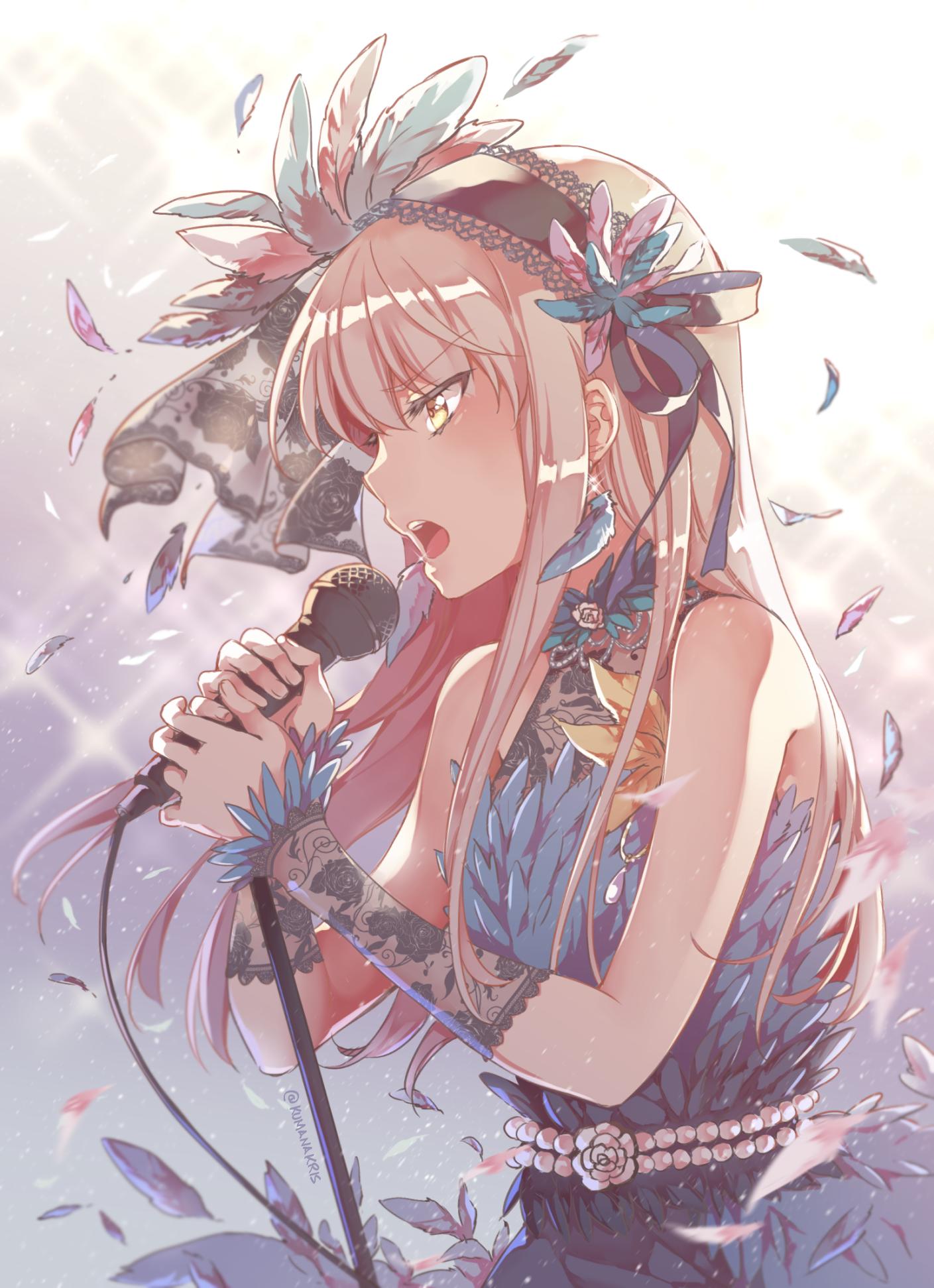 ana c. sanchez, character request, commentary, copyright request, english commentary, highres, 1girl, bare shoulders, blonde hair, feathers, holding, holding microphone, long hair, microphone, microphone stand, solo, straight hair, teeth, upper body, upper teeth only, yellow eyes