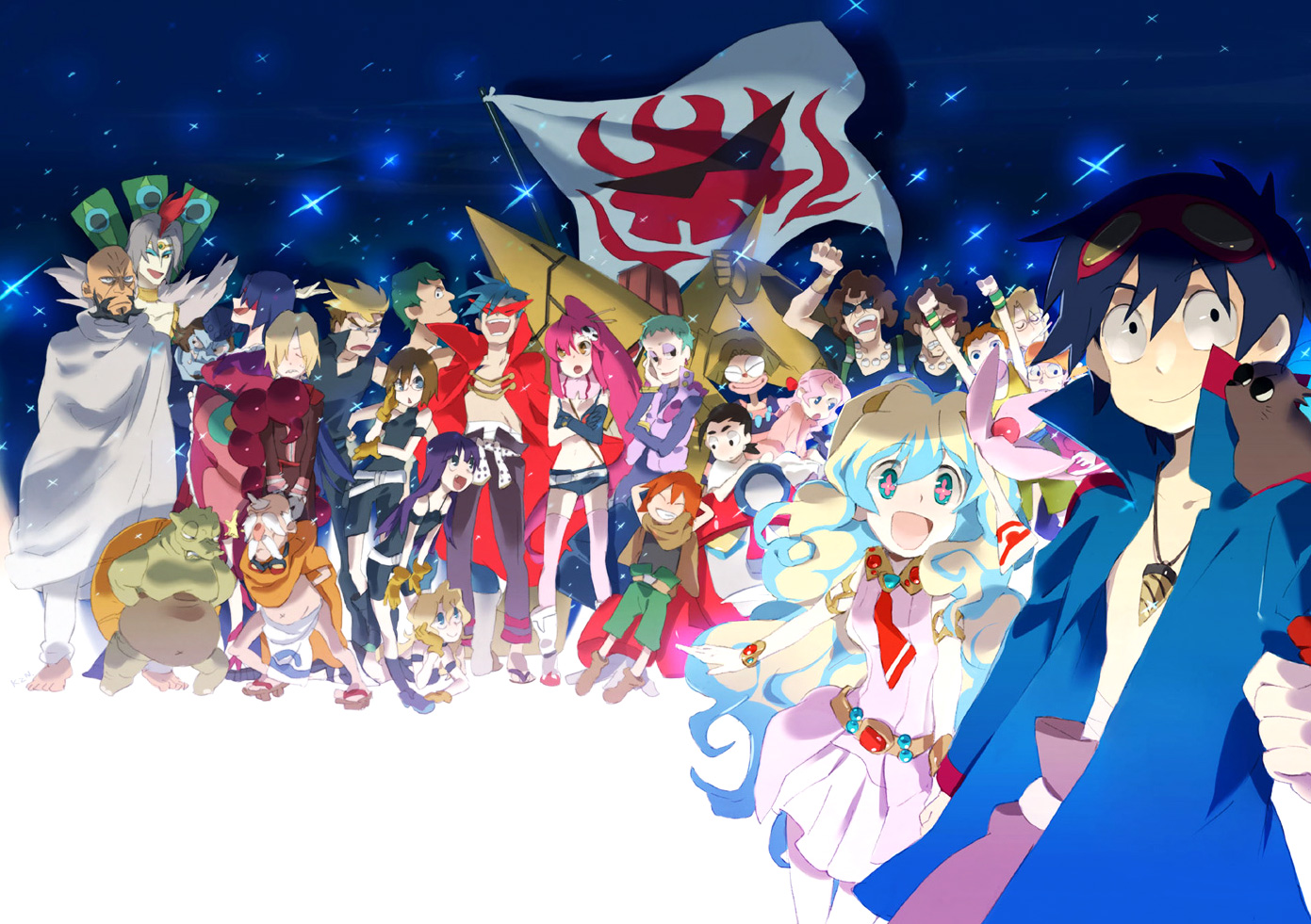 gimei, kazune (baumkuchen), adiane, attenborough cortitch, barinbo, boota (ttgl), cytomander, darry adai, dayakka, gimmy adai, guame, jogan, kamina (ttgl), kidd coega, king kittan, kinon bachika, kittan bachika, kiyal bachika, kiyoh bachika, leeron littner, leite jokin, lordgenome, nia teppelin, old coco, rossi, rossiu adai, simon (ttgl), tetsukan, thymilph, viral (ttgl), yoko littner, tengen toppa gurren lagann, bad id, bad pixiv id, + +, 00s, 6+boys, 6+girls, :d, ;d, ^ ^, absolutely everyone, aqua hair, bald, bare shoulders, barefoot, beard, belt, bikini, bikini top only, black hair, blonde hair, blue eyes, blue hair, blush, breasts, brown eyes, cleavage, closed eyes, closed mouth, collarbone, cross-shaped pupils, curly hair, dress, drill, everyone, facial hair, full body, gem, goggles, goggles on head, green eyes, hair ornament, jewelry, kamina shades, large breasts, logo, long sleeves, looking at viewer, lying, machinery, mecha, midriff, multicolored hair, multiple boys, multiple girls, navel, necklace, old, old man, on stomach, one eye closed, open mouth, outstretched arms, pendant, pink dress, ponytail, profile, red hair, robot, short hair, short shorts, shorts, skull hair ornament, small breasts, smile, smirk, spiked hair, standing, stomach, swimsuit, symbol-shaped pupils, thighhighs, triangular eyewear, two-tone hair