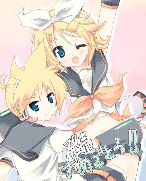 purinpurin, kagamine len, kagamine rin, vocaloid, bad id, bad pixiv id, 1boy, 1girl, aqua eyes, blonde hair, bow, brother and sister, headset, navel, siblings, twins, wink