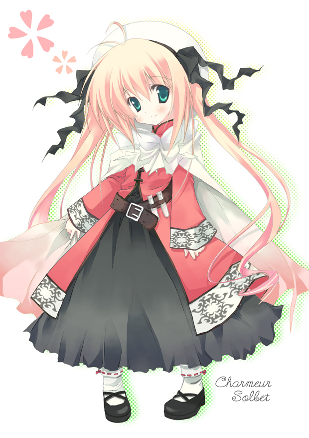 purinpurin, bad id, bad pixiv id, 1girl, black shoes, blonde hair, female focus, green eyes, hat, shoes, solo